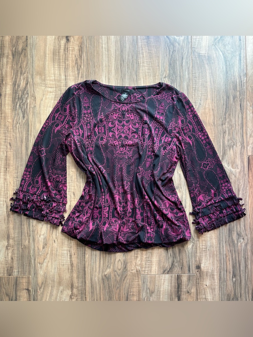 Y2K Alfani pink & black paisley top featuring sparkling rhinestone details and f